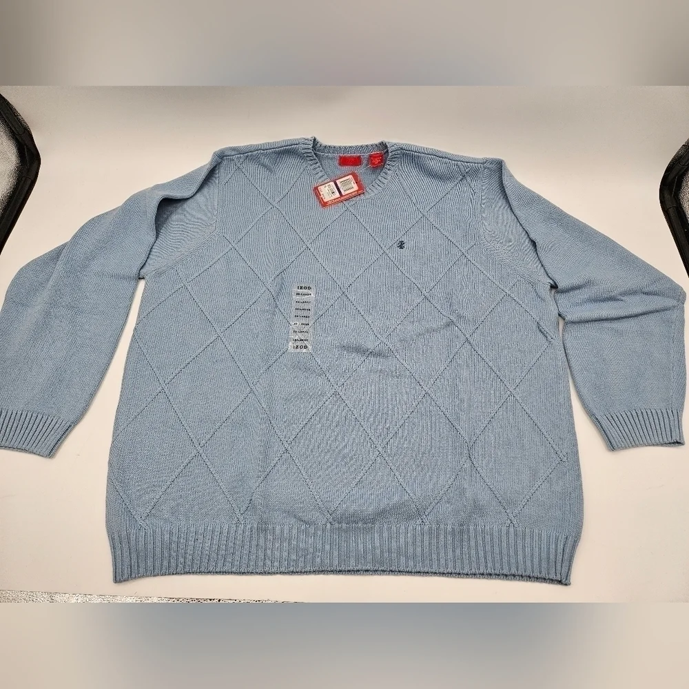 NWT IZOD Old Stock BLUE Pullover 100% Cotton Sweater Mens Sz XXL DIAMOND PATTERN
